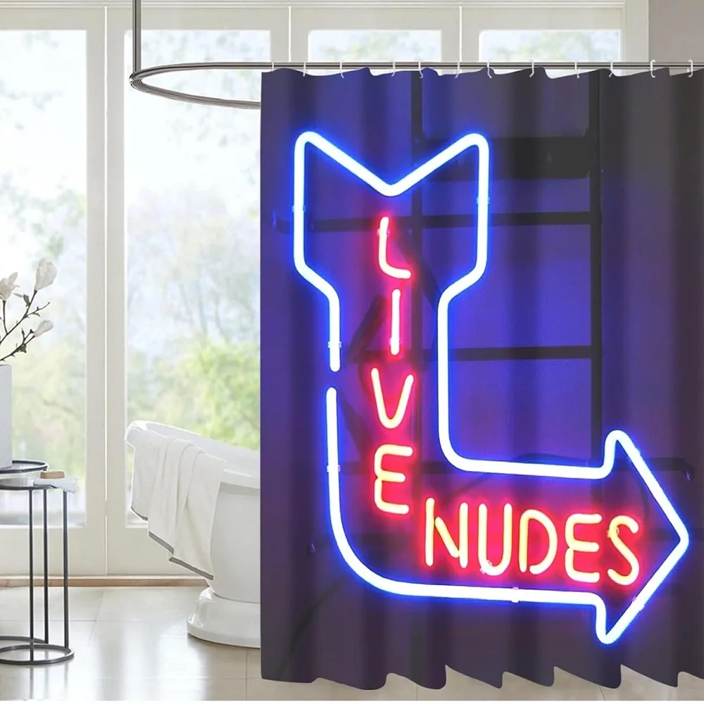 LIVE NUDES neon shower curtain, fabric liner & shower rings. Brand new